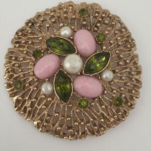 Sarah Coventry Brooch Pin Round Gold Tone Green Pink Faux Pearls Signed Vintage